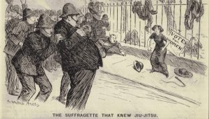 old cartoon of the suffragette who knew jujitsu